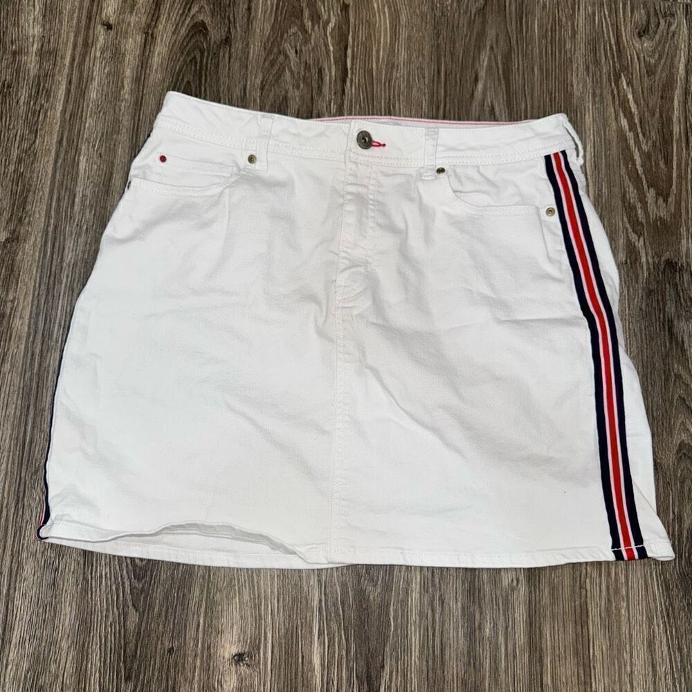 WOMENS Sz 14 EV1 RELAXED FIT ALEX A-LINE WHITE DENIM SKIRT SIDE STRIPES POCKETS